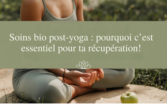 Annonce Instagram d'un nouvel article sur les produits bio post-yoga, design minimaliste aux couleurs sauge et naturelles