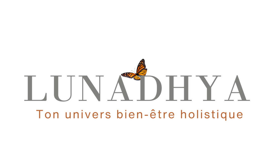 Logo LUNADHYA - Ton univers bien-être holistique et yoga. (Logo transparent avec papillon monarque)